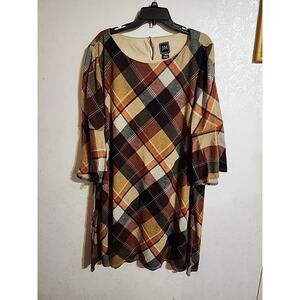 JH Brown Womens Plaid Flannel Dress 3X Reds Browns Lined 3/4 Bell Sleeve